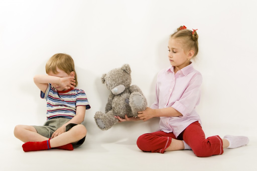 Photo of girl giving toy to younger brother while he turns from her