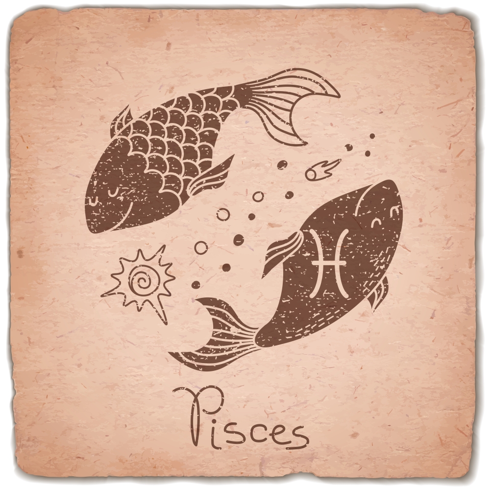 Pisces zodiac sign horoscope vintage card. Vector illustration.