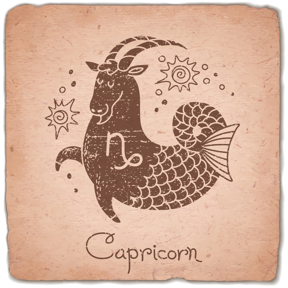 Capricorn zodiac sign horoscope vintage card. Vector illustration.