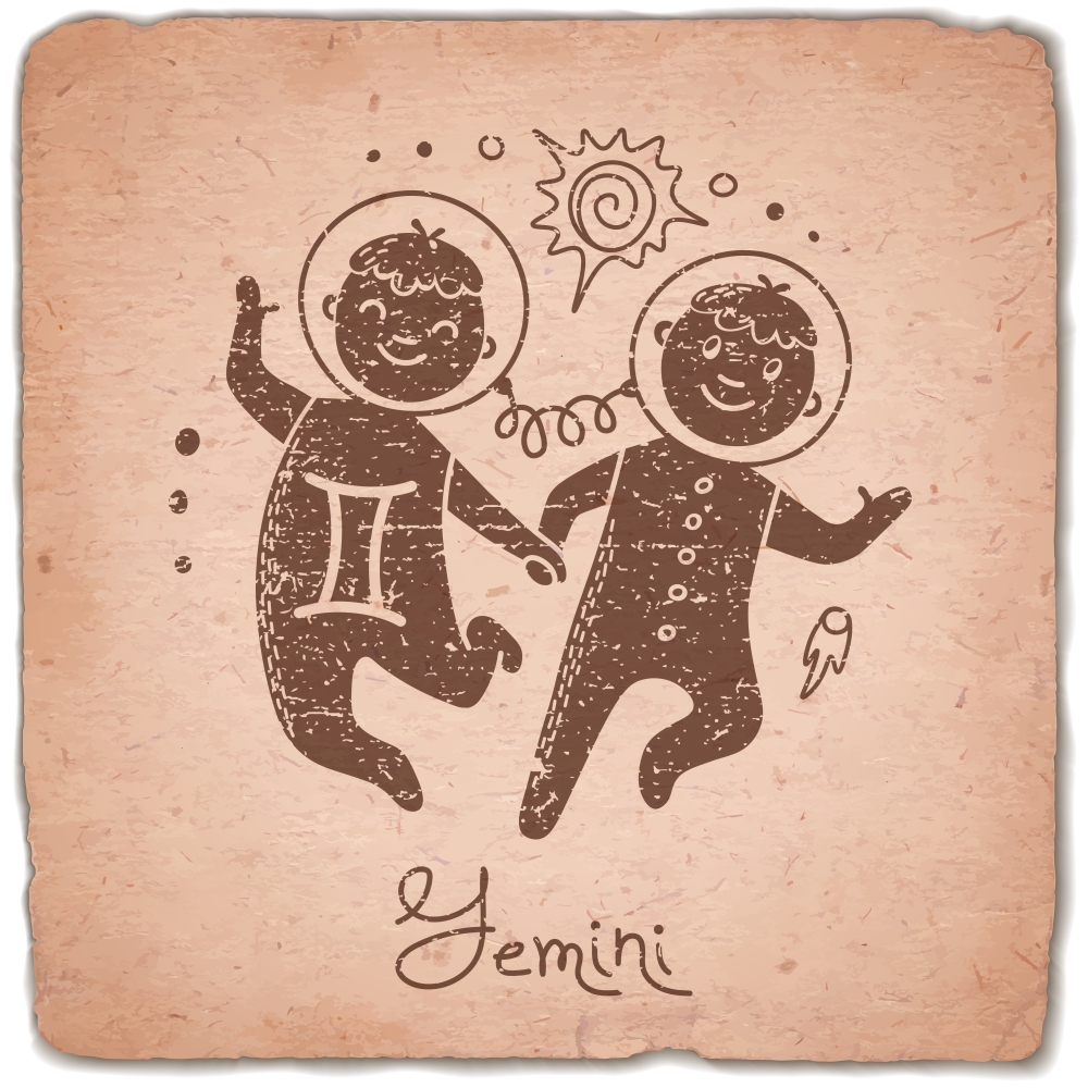 Gemini zodiac sign horoscope vintage card. Vector illustration.