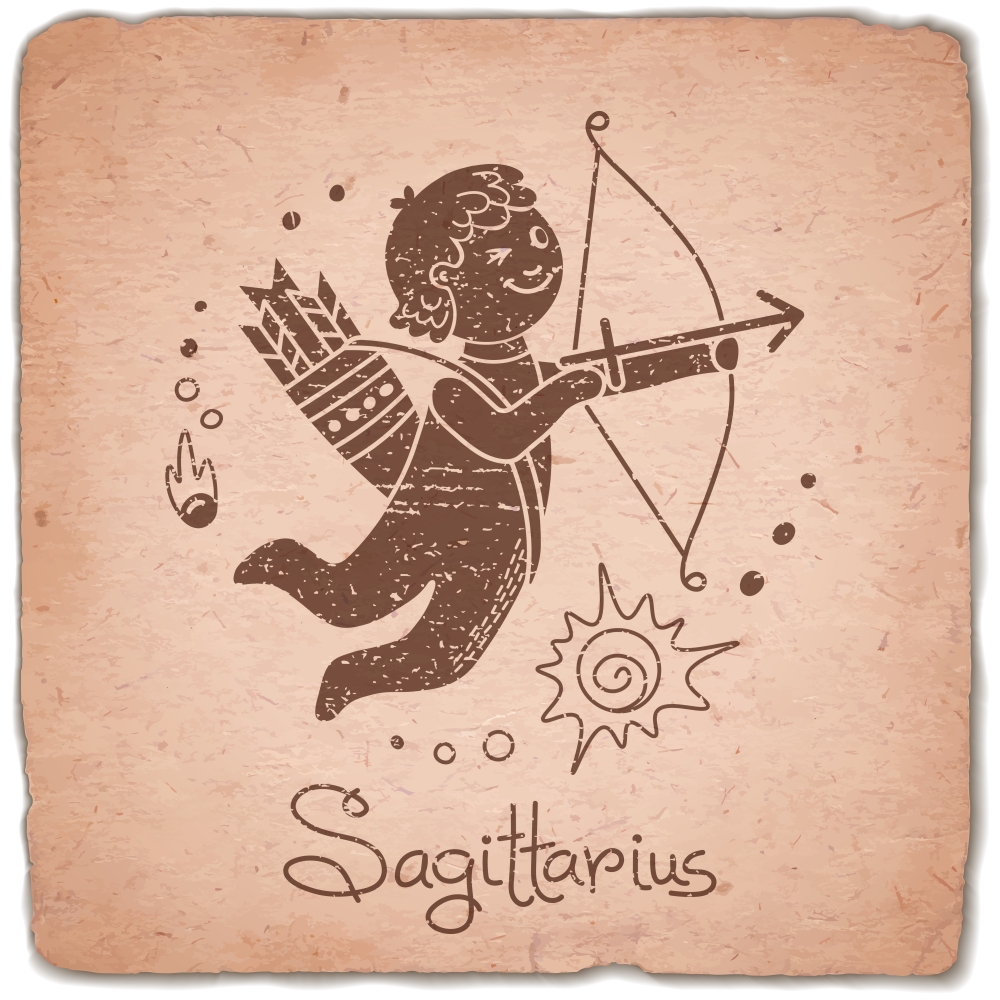 Sagittarius zodiac sign horoscope vintage card. Vector illustration.
