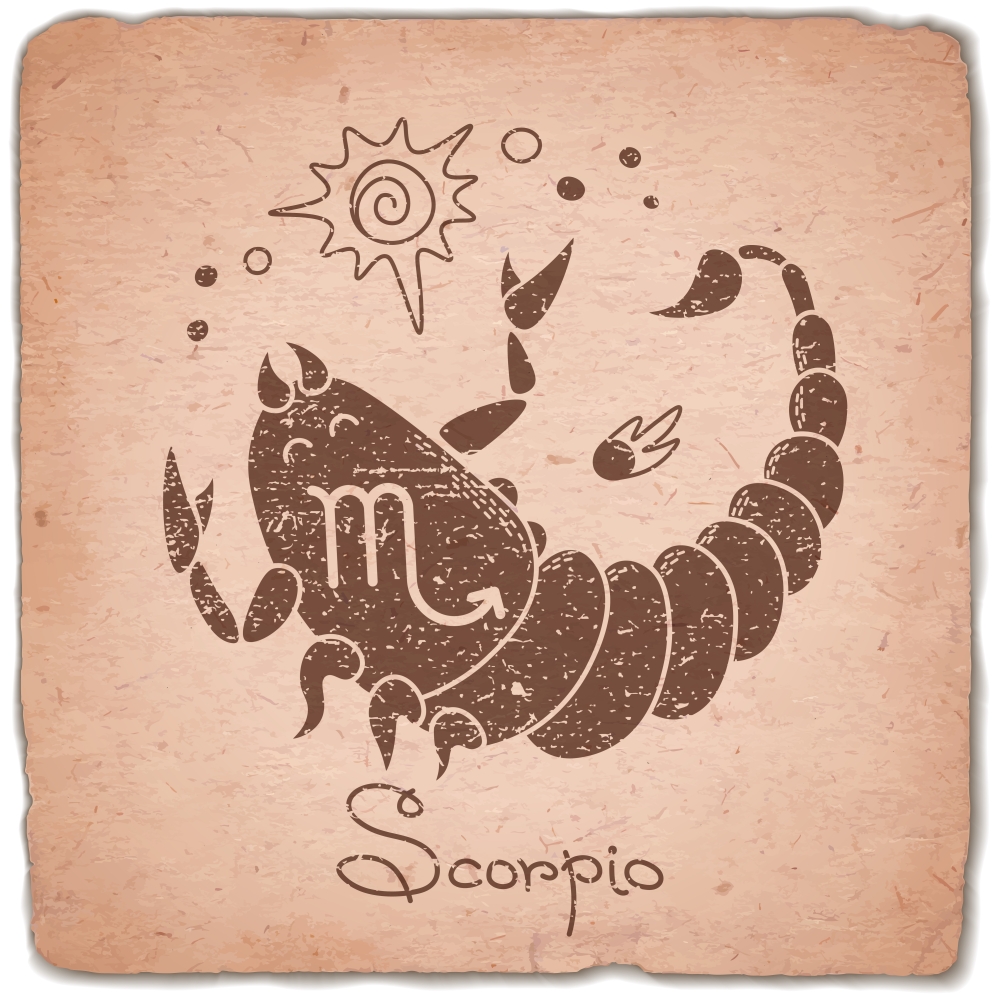 Scorpio zodiac sign horoscope vintage card. Vector illustration.
